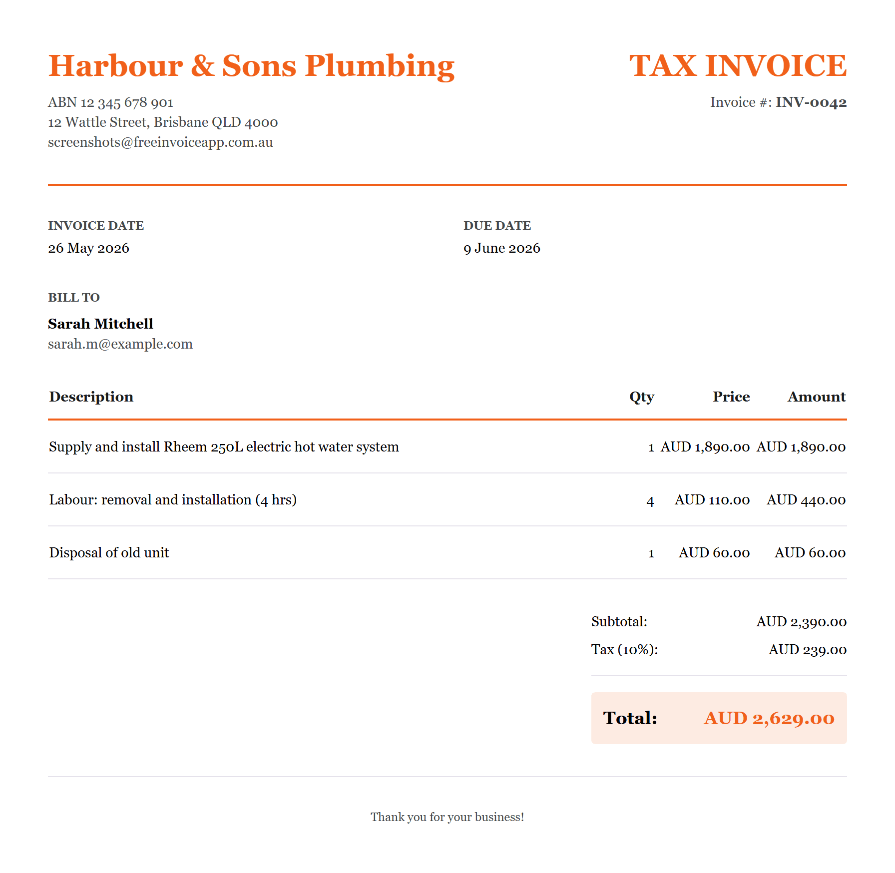 A real ATO-compliant tax invoice created in Free Invoice App, showing the ABN, itemised labour and materials, 10% GST, and the total payable