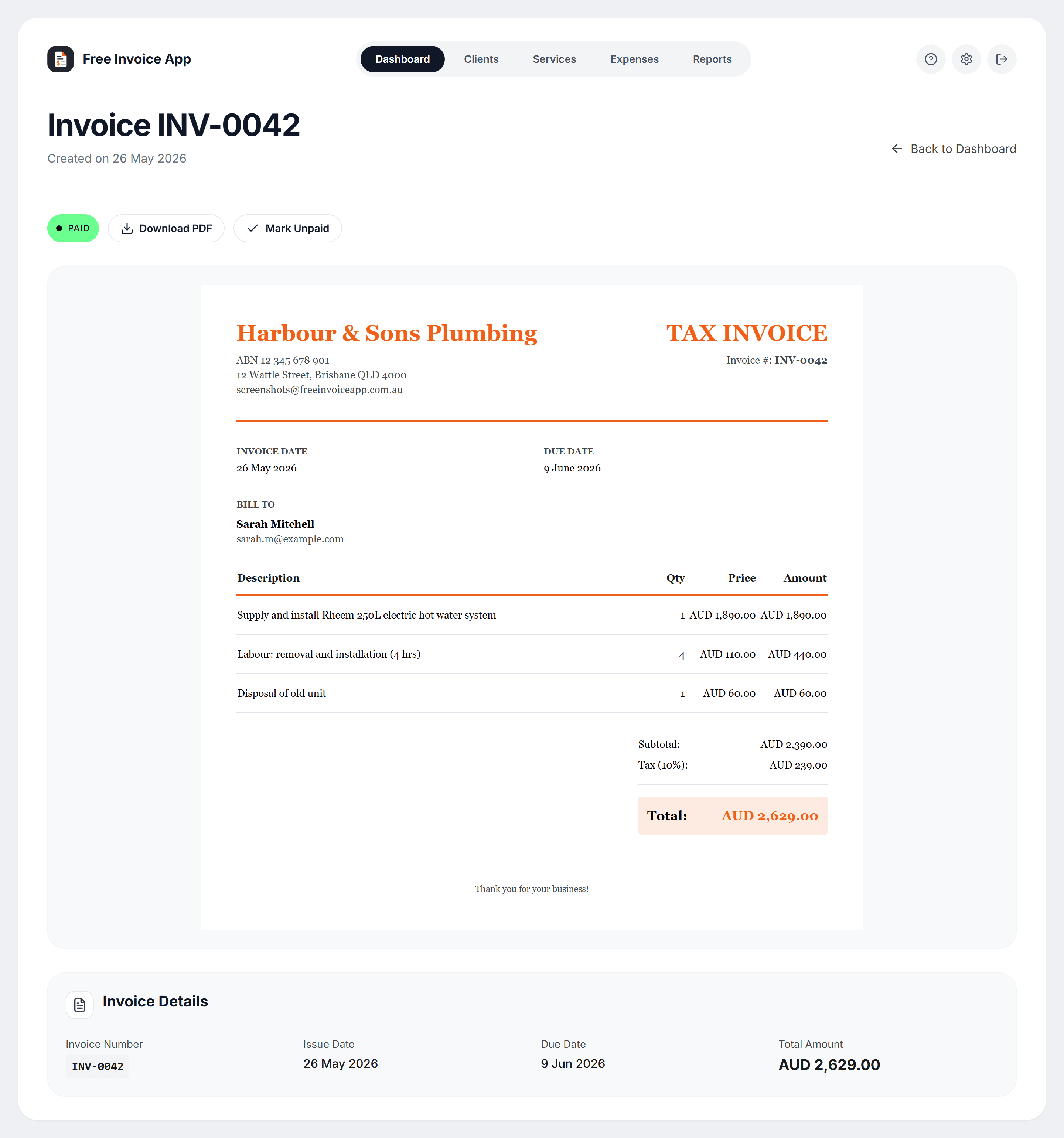 A plumbing invoice in Free Invoice App with labour and materials as separate line items, ABN in the header, 10% GST, and a paid status badge