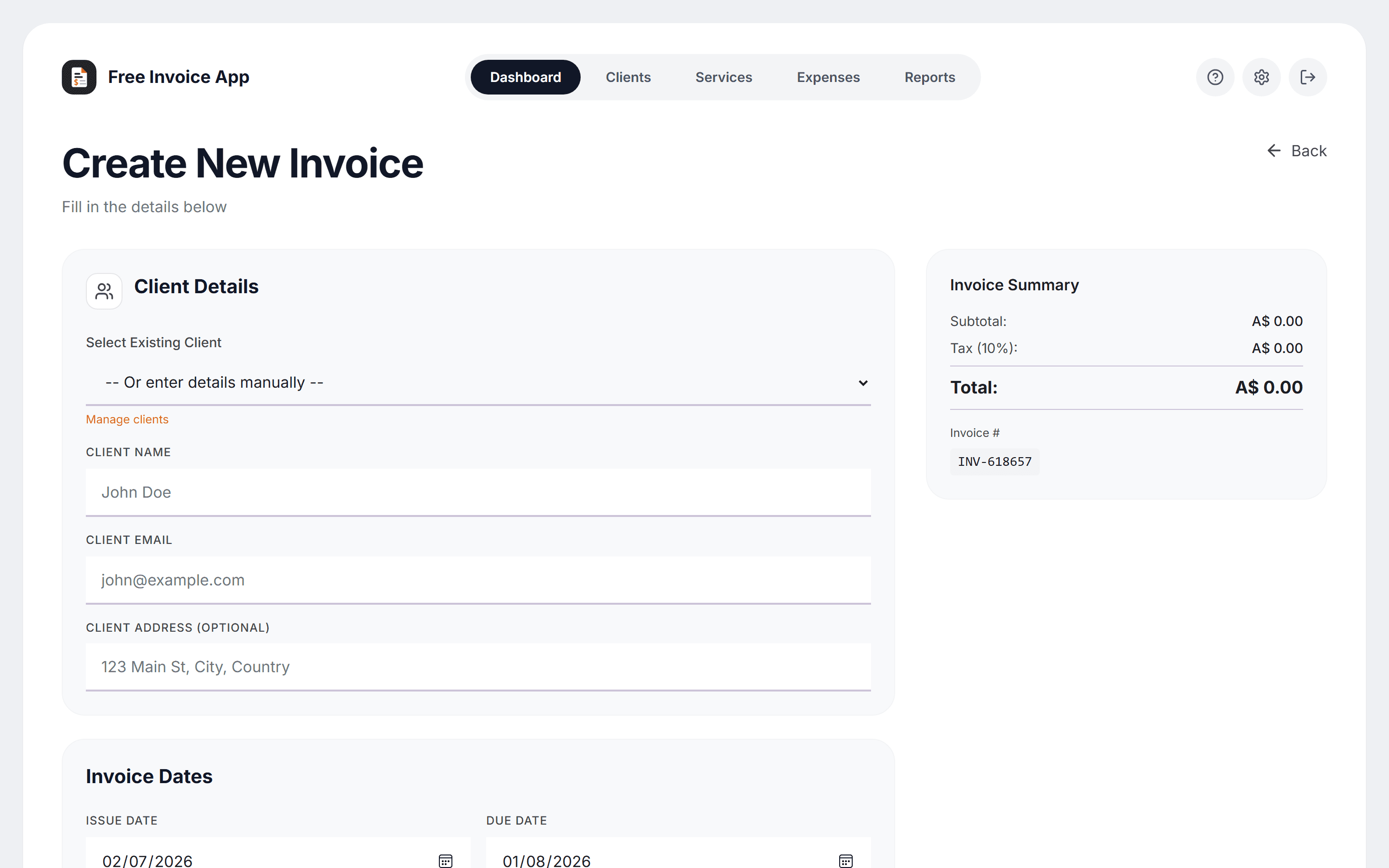 The Create New Invoice screen in Free Invoice App with client details, invoice dates, auto-generated invoice number, and a live GST total summary